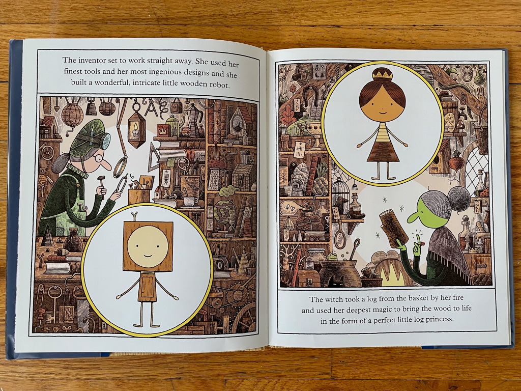 Inventor on the left page tinkering with lots of inventions around her. Wooden robot is in the center as her final creation. The right page has a green skinned witch working on a log and lots of strange things surround the shelves around her. The log princess is highlighted in the top center of her page.