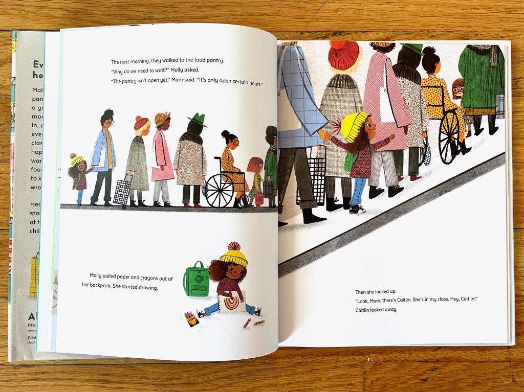 Both pages show long lines of mostly women and various ethnicities and shapes, including one in a wheelchair. Molly and her mom wait at the end of the first line. Then Molly sits on the ground with her green backpack coloring a rainbow on paper. On the right page, they are still in that line but Molly is leaning forward spying her classmate Caitlin peaking around a woman with a green coat.